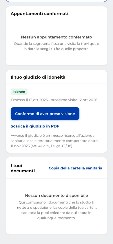 Il giudizio di idoneità nel portale del lavoratore di Forgest MDL, con la presa visione e il PDF da scaricare