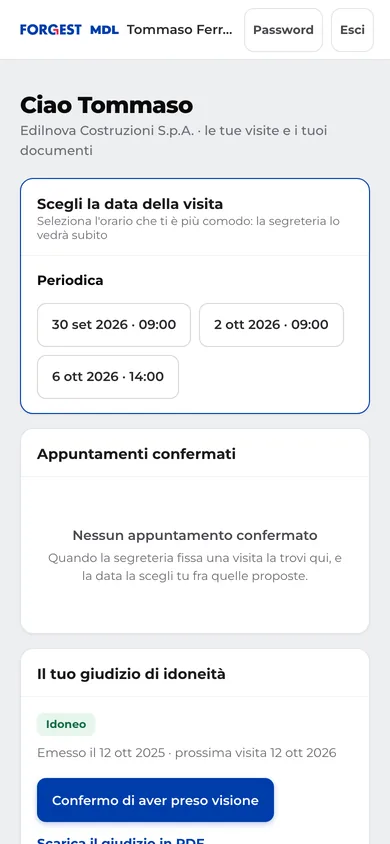 Portale del lavoratore in Forgest MDL dal telefono: le tre date proposte per la visita, gli appuntamenti confermati e il giudizio di idoneità